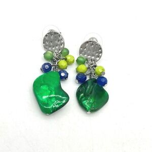 Silver‎ Tone Hammered Disc Green Blue Beaded Cluster Drop Statement Earrings 2"
